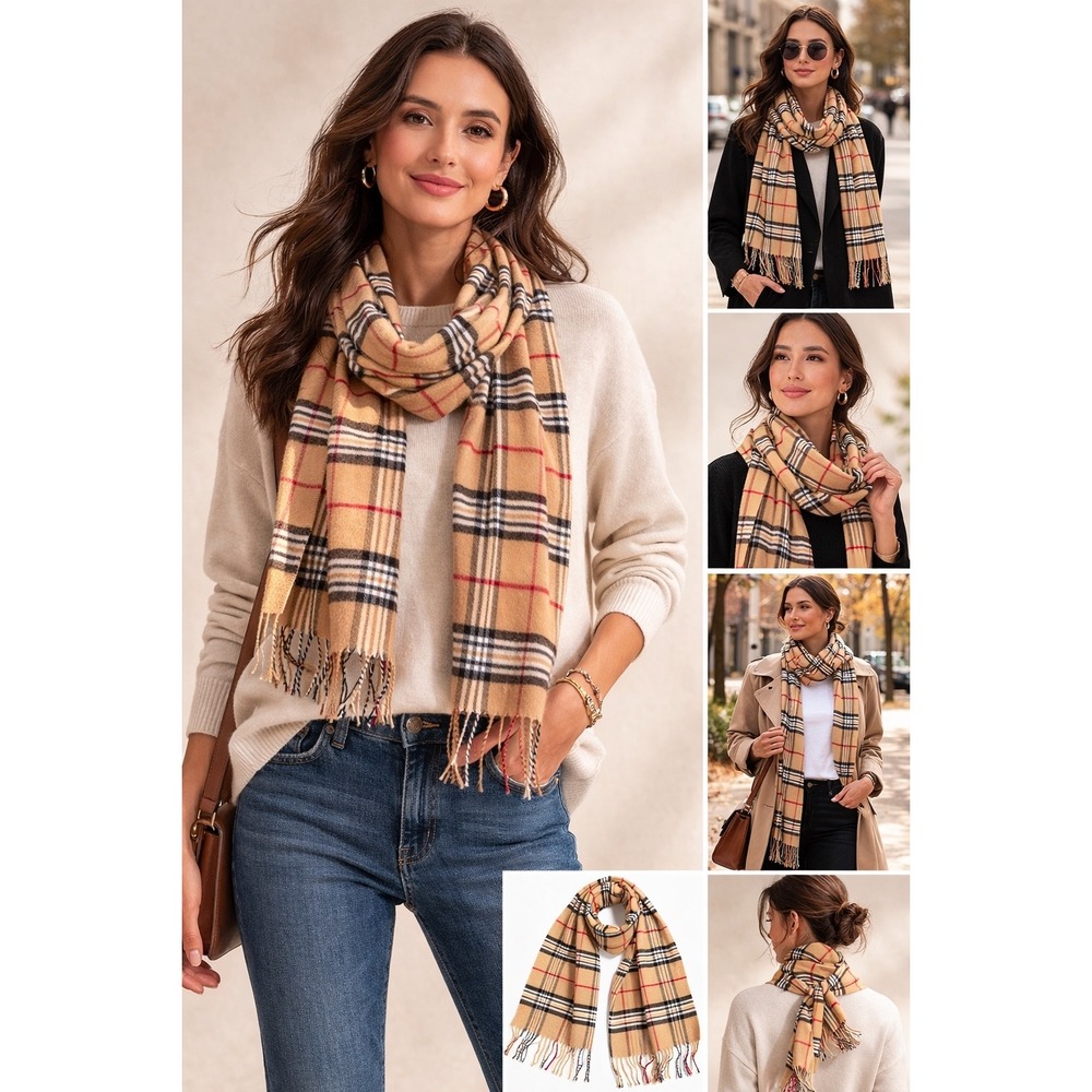 Plaid Check Scarf Tan Black Red Fringe Trim Soft Winter Wrap Accessory 64 by 11"